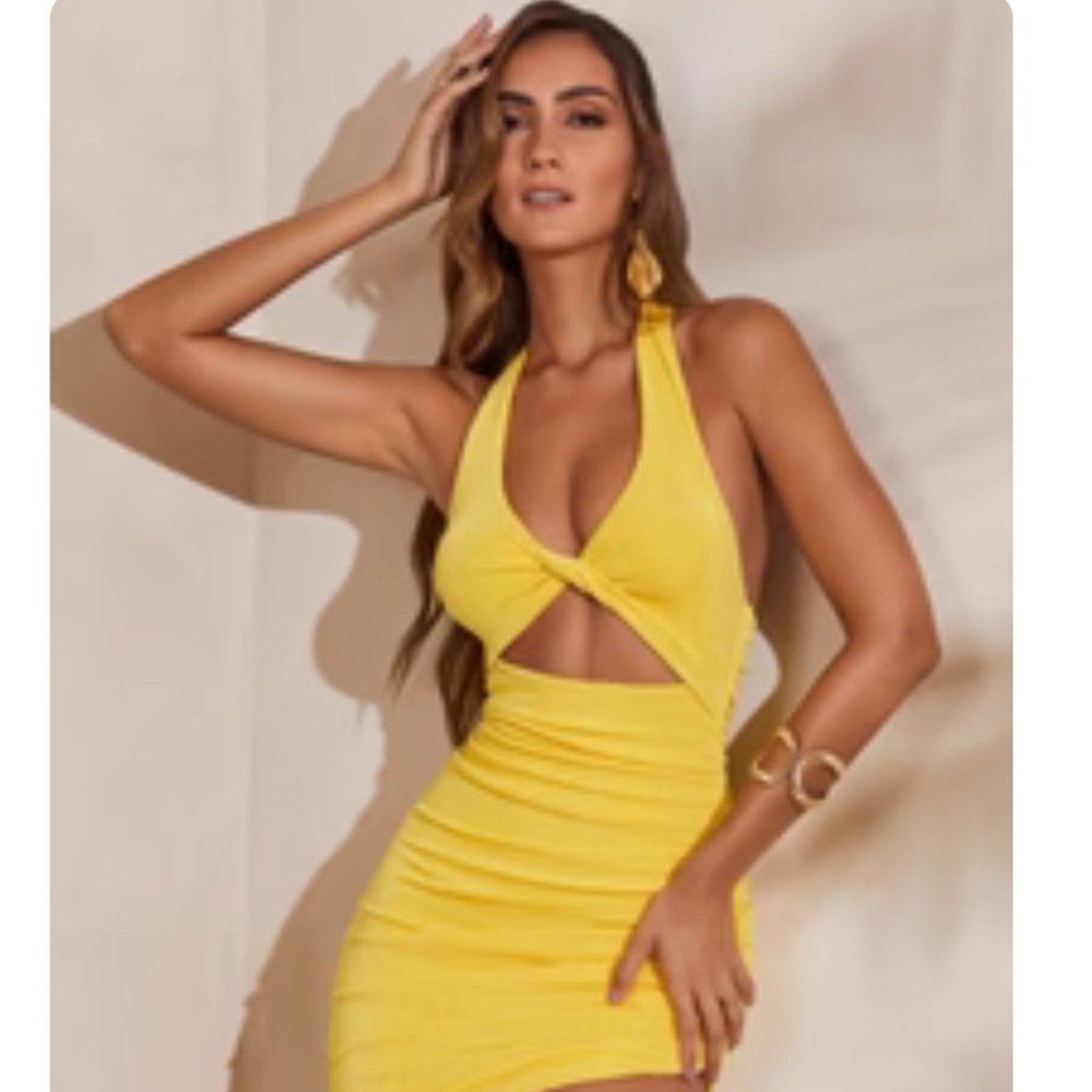 Elegant Yellow Halter Midi Dress